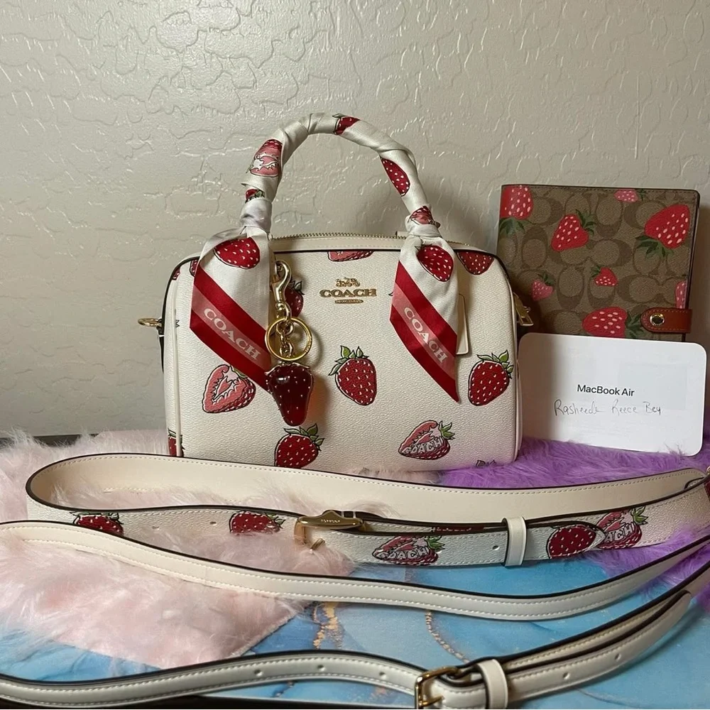Retro Strawberry Print Silk Skinny Scarf - Picture 2 of 2